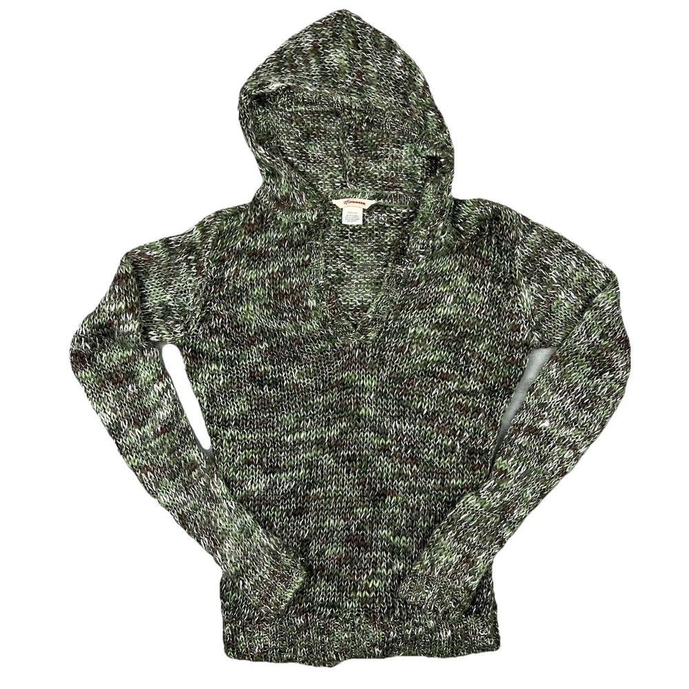 Unionbay Marled Green Knit Pullover Long Sleeve Sweater Hooded V-Neck Sz M Fairy